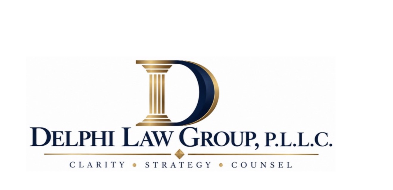 Delphi Law Group, P.L.L.C. logo: navy and gold classical column forming a D, with the tagline Clarity • Strategy • Counsel
